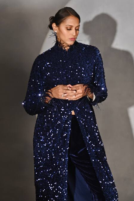 Buy_Jyoti Sachdev Iyer_Blue Velvet Sequins, Feathers Bandeau Neck Embroidered Jacket And Trouser Set _Online_at_Aza_Fashions