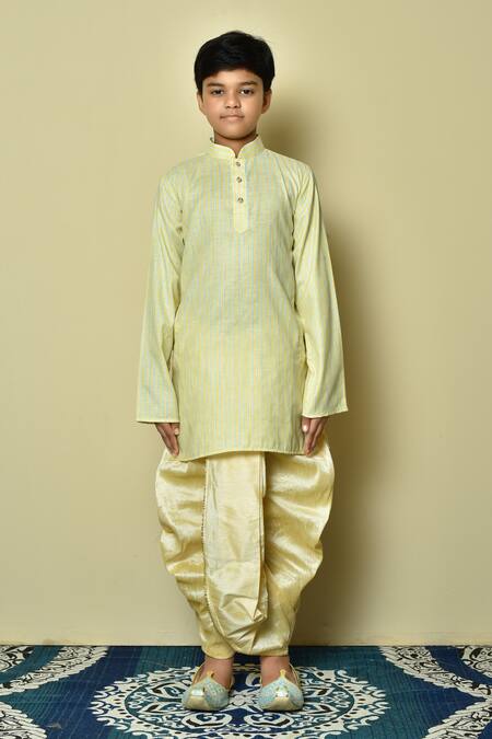 Shop_Petite Pomme_Yellow Cotton, Silk Striped Pattern Kurta And Dhoti Pant Set _Online_at_Aza_Fashions