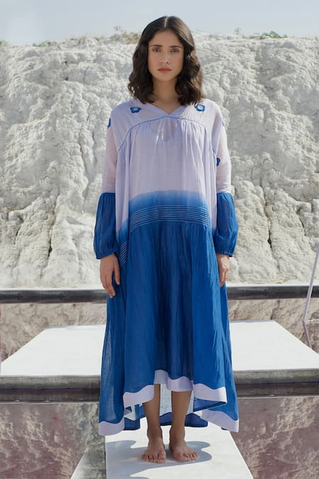 The Loom Art_Blue Chanderi Silk Embroidery V-neck Ombre Flowers Dress _at_Aza_Fashions