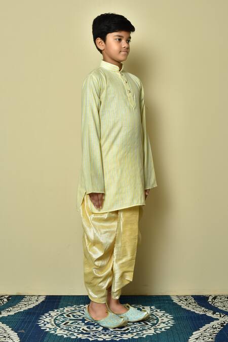 Petite Pomme_Yellow Cotton, Silk Striped Pattern Kurta And Dhoti Pant Set _at_Aza_Fashions