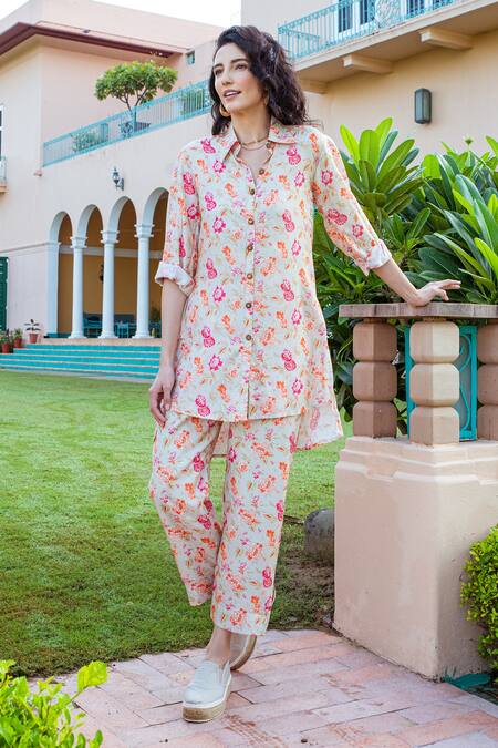 Shop_Karaj Jaipur_Cream Muslin Floral Shirt Collar Botanical Pattern Tunic And Pant Set_Online_at_Aza_Fashions