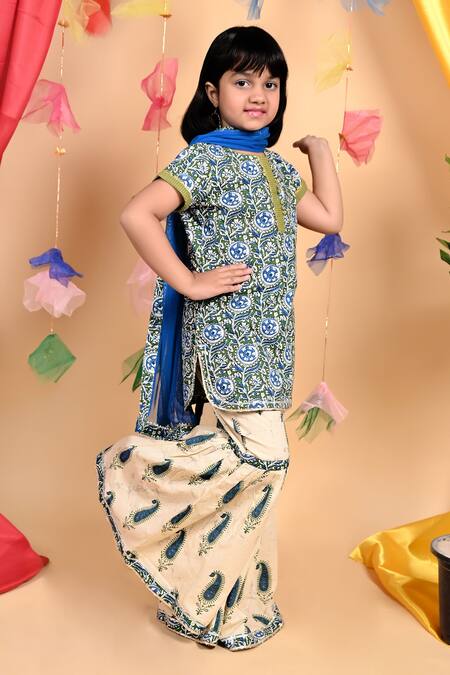 Kids Lane Blue Cotton Printed Floral Kurta Sharara Set   3