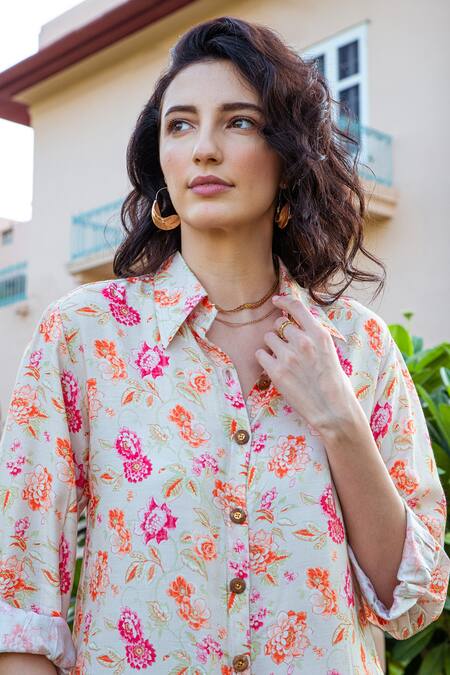 Buy_Karaj Jaipur_Cream Muslin Floral Shirt Collar Botanical Pattern Tunic And Pant Set