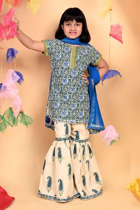 Kids Lane Blue Cotton Printed Floral Kurta Sharara Set   4