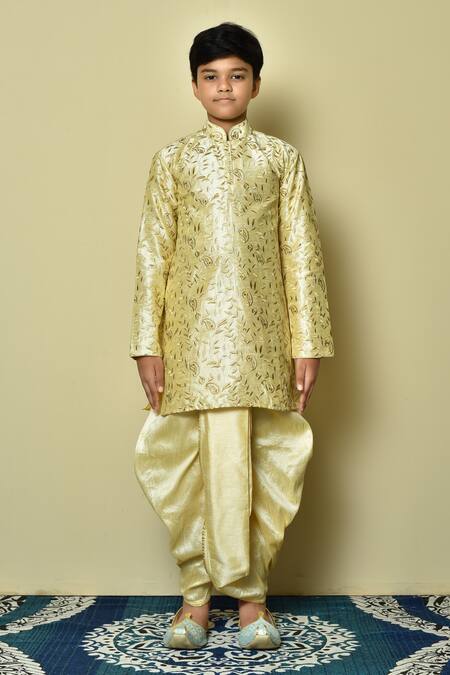 Petite Pomme_Beige Silk Stones Embroidered Paisley Kurta And Dhoti Pant Set _at_Aza_Fashions