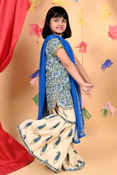 Kids Lane Blue Cotton Printed Floral Kurta Sharara Set   6