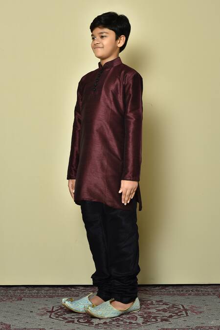 Shop Petite Pomme Wine Silk Full Sleeve Half Button Placket Kurta Online at Aza Fashions Shop_Petite Pomme_Wine Silk Full Sleeve Half Button Placket Kurta _Online_at_Aza_Fashions