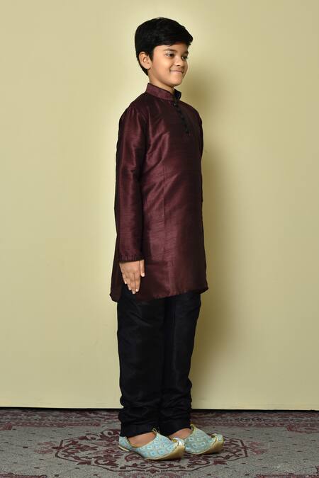 Petite Pomme Wine Silk Full Sleeve Half Button Placket Kurta at Aza Fashions Petite Pomme_Wine Silk Full Sleeve Half Button Placket Kurta _at_Aza_Fashions