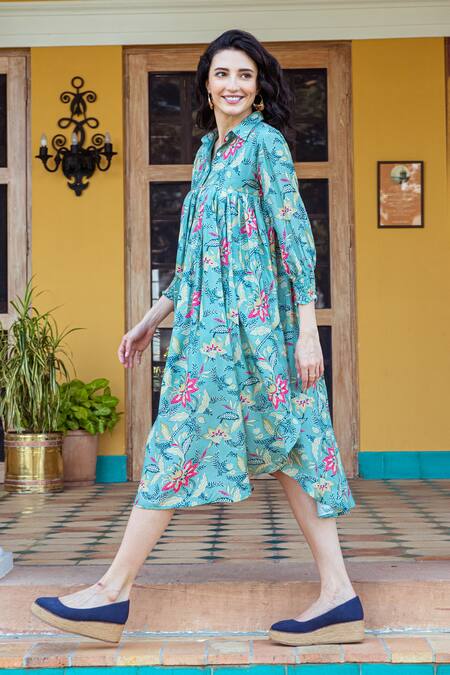 Shop_Karaj Jaipur_Blue Muslin Printed Floral Spread Collar Pleated Dress_Online_at_Aza_Fashions