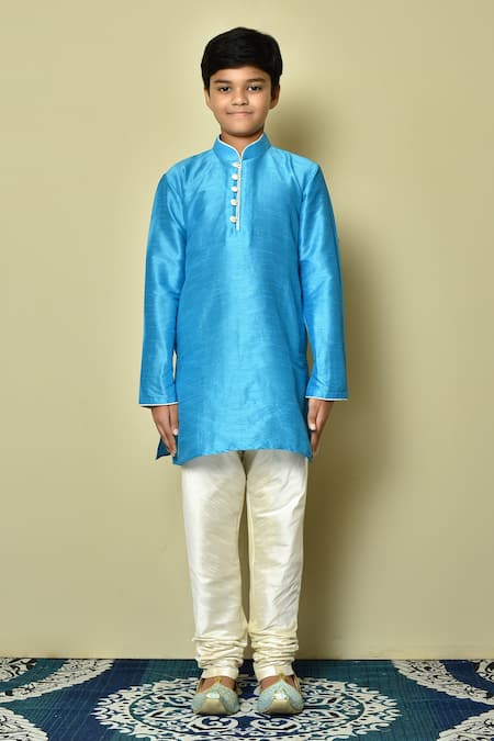 Petite Pomme_Blue Silk Mandarin Collar Solid Kurta _Online_at_Aza_Fashions
