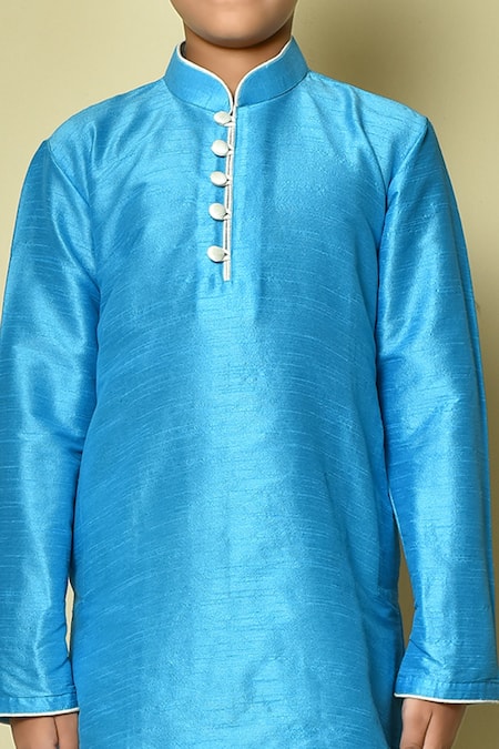 Petite Pomme_Blue Silk Mandarin Collar Solid Kurta _at_Aza_Fashions