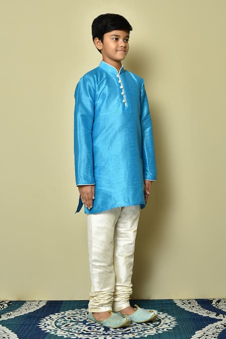 Shop_Petite Pomme_Blue Silk Mandarin Collar Solid Kurta _Online_at_Aza_Fashions