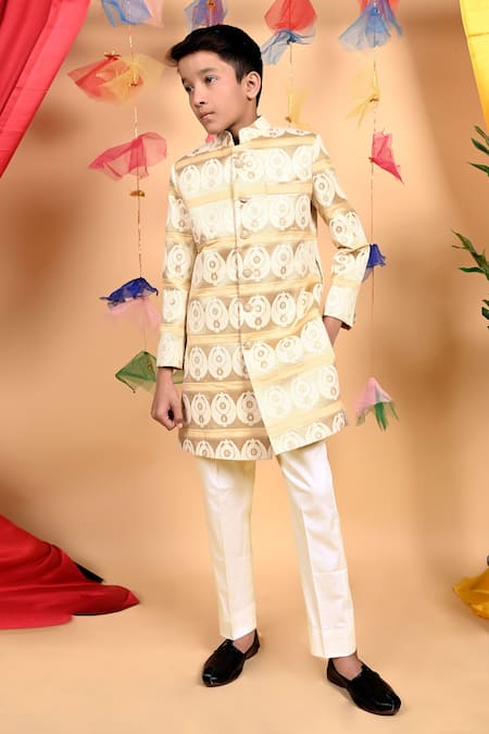 Kids Lane_Gold Silk, Cotton Embroidery Bandhgala And Pant Set_Online_at_Aza_Fashions