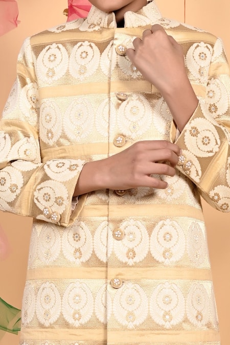 Buy_Kids Lane_Gold Silk, Cotton Embroidery Bandhgala And Pant Set_Online_at_Aza_Fashions