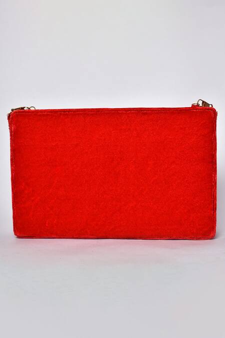 Feza Bags_Red Embroidery, Beads Abstract Embellished Clutch_at_Aza_Fashions