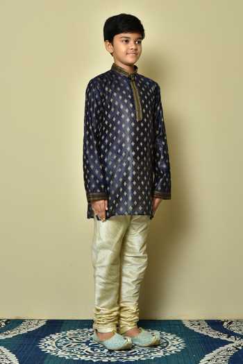 Petite Pomme Blue Denim Embroidery Floral Kurta at Aza Fashions Petite Pomme_Blue Denim Embroidery Floral Kurta _at_Aza_Fashions