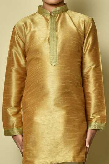Buy_Petite Pomme_Gold Denim, Silk Embroidery Straight Hem Kurta And Churidar Set _Online_at_Aza_Fashions