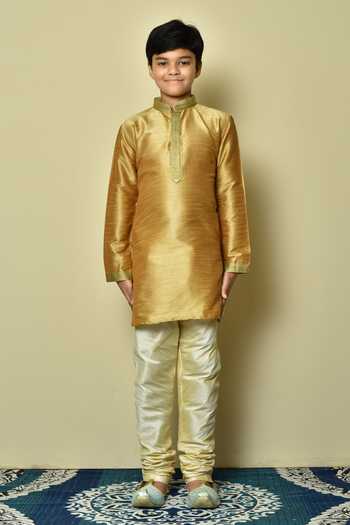 Shop_Petite Pomme_Gold Denim, Silk Embroidery Straight Hem Kurta And Churidar Set _Online_at_Aza_Fashions