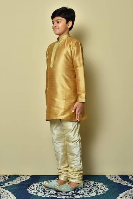 Shop_Petite Pomme_Gold Silk Embroidery Straight Hem Kurta _Online_at_Aza_Fashions