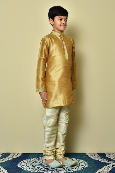 Petite Pomme_Gold Silk Embroidery Straight Hem Kurta _at_Aza_Fashions