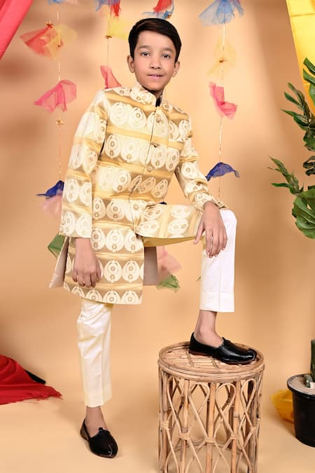 Shop_Kids Lane_Gold Silk, Cotton Embroidery Bandhgala And Pant Set_Online_at_Aza_Fashions