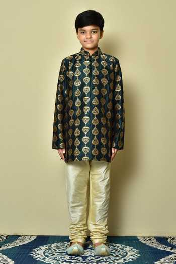 Petite Pomme Green Silk Embroidery Thread Kurta Online at Aza Fashions Petite Pomme_Green Silk Embroidery Thread Kurta _Online_at_Aza_Fashions