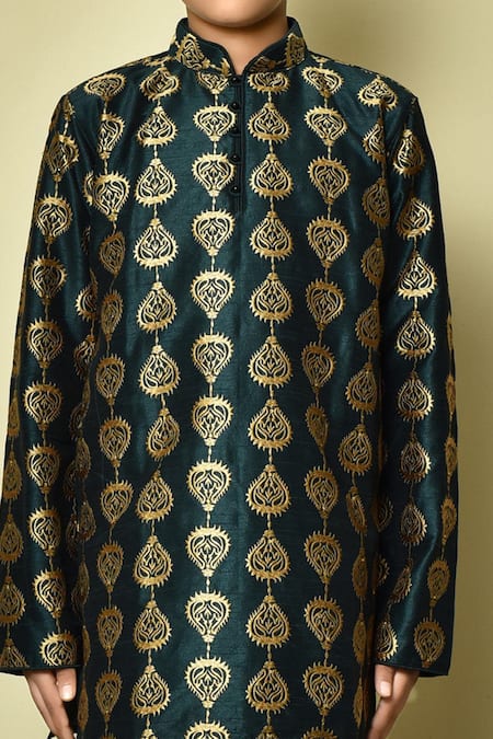 Petite Pomme_Green Silk Embroidery Thread Kurta Set _at_Aza_Fashions