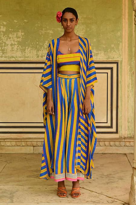 Swati Vijaivargie_Blue Silk Round Neck Noor Striped Cape Pant Set _Online_at_Aza_Fashions