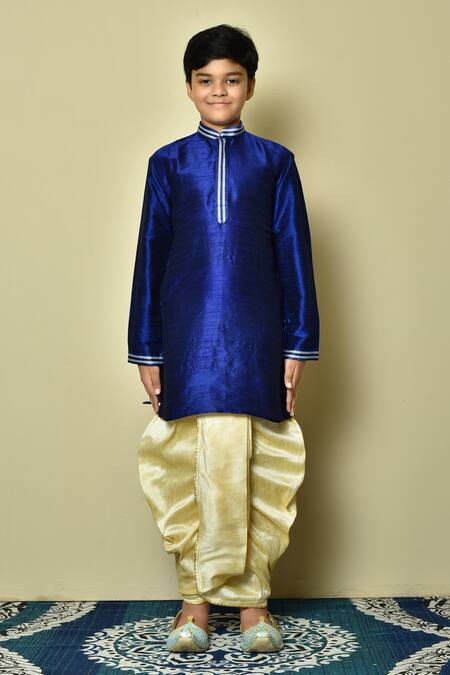 Shop Petite Pomme Blue Silk, Polyester Embroidery Collar Kurta And Dhoti Pant Set Online at Aza Fashions Shop_Petite Pomme_Blue Silk, Polyester Embroidery Collar Kurta And Dhoti Pant Set _Online_at_Aza_Fashions