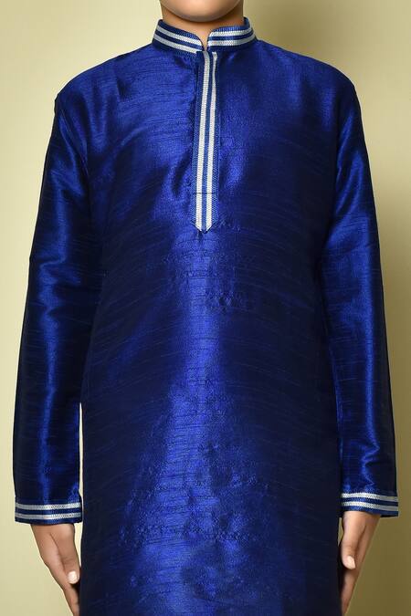 Petite Pomme_Blue Silk Embroidery Collar Kurta _Online_at_Aza_Fashions