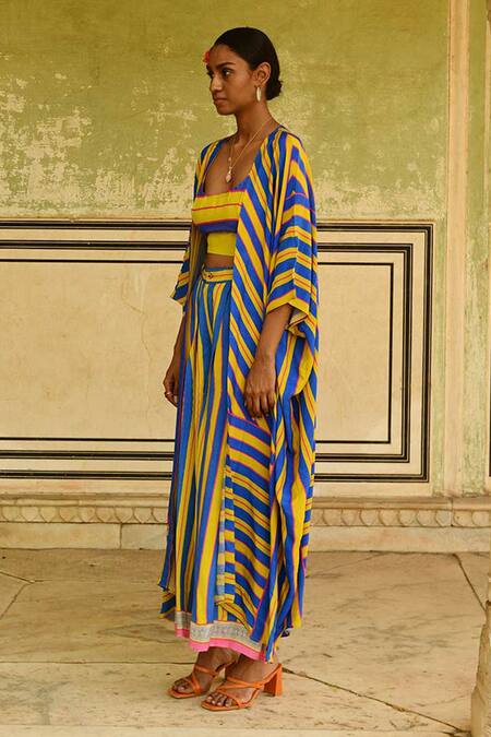 Buy_Swati Vijaivargie_Blue Noor Silk Striped Cape_Online_at_Aza_Fashions
