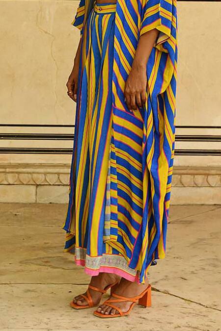 Swati Vijaivargie_Blue Silk Printed Stripes Noor Flared Pant _Online_at_Aza_Fashions