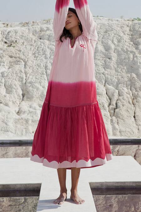 The Loom Art_Pink Chanderi Silk Embroidery V-neck Ombre Flowers Dress _Online_at_Aza_Fashions