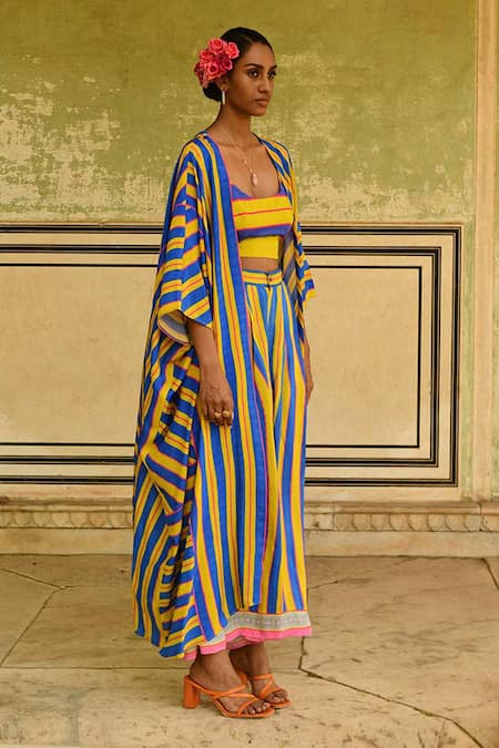 Shop_Swati Vijaivargie_Blue Silk Round Neck Noor Striped Cape Pant Set _Online_at_Aza_Fashions