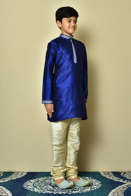 Petite Pomme_Blue Silk Embroidery Collar Kurta _at_Aza_Fashions