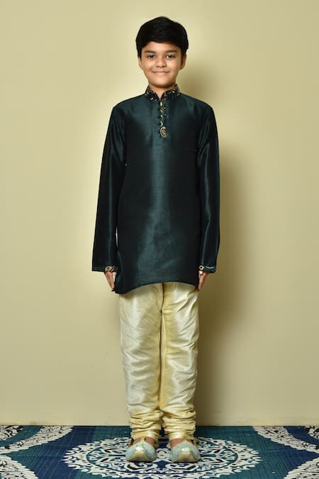 Petite Pomme_Green Silk Beads Solid Straight Kurta _Online_at_Aza_Fashions