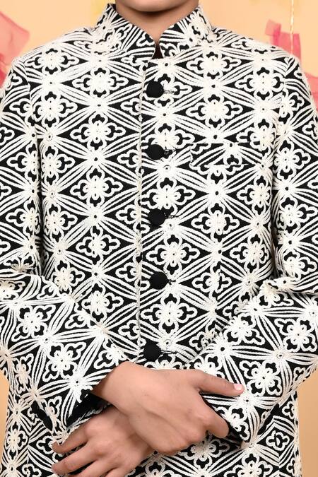 Buy Kids Lane Black Cotton Embroidery Bandhgala And Pant Set Online at Aza Fashions Buy_Kids Lane_Black Cotton Embroidery Bandhgala And Pant Set_Online_at_Aza_Fashions