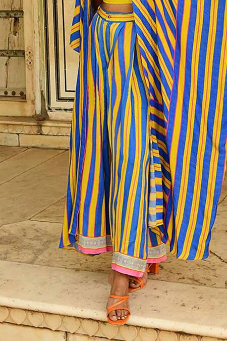 Shop_Swati Vijaivargie_Blue Silk Printed Stripes Noor Flared Pant _Online_at_Aza_Fashions