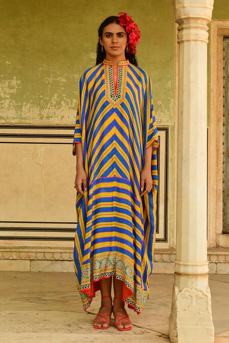 Swati Vijaivargie_Blue Silk Embroidery, Mirrors Mandarin Collar Striped Flared Kaftan _Online_at_Aza_Fashions