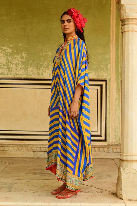 Buy_Swati Vijaivargie_Blue Silk Embroidery, Mirrors Mandarin Collar Striped Flared Kaftan _Online_at_Aza_Fashions