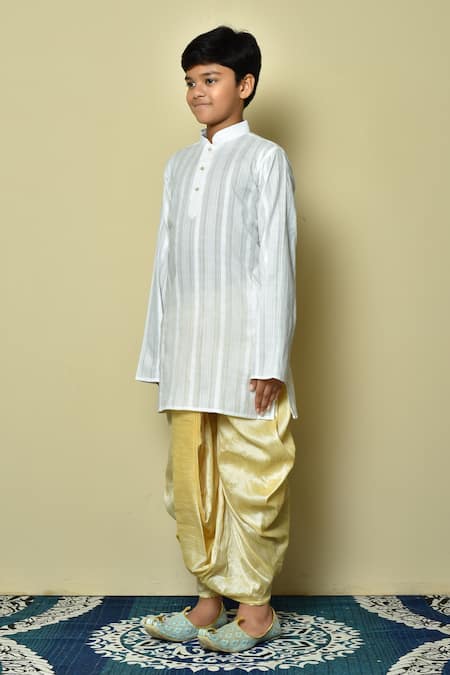 Shop_Petite Pomme_White Cotton Stripe Pattern Kurta And Dhoti Set _Online_at_Aza_Fashions