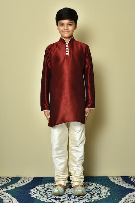 Petite Pomme_Maroon Silk Mandarin Collar Kurta _Online_at_Aza_Fashions