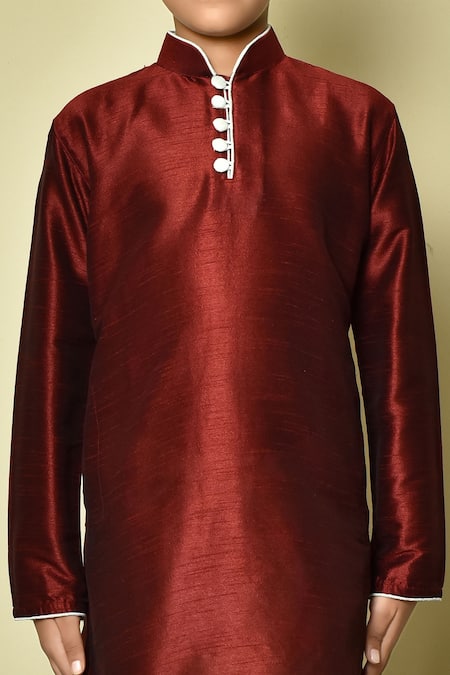 Petite Pomme_Maroon Silk Mandarin Collar Kurta _at_Aza_Fashions