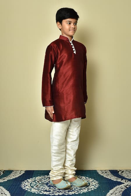 Shop_Petite Pomme_Maroon Silk Mandarin Collar Kurta _Online_at_Aza_Fashions
