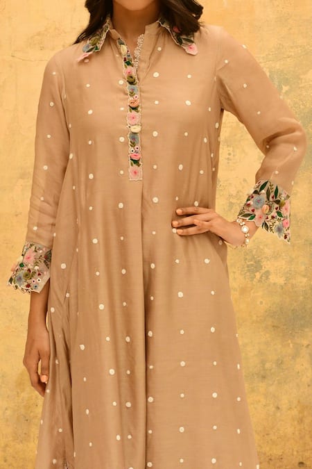 Label Niti Bothra_Ivory Silk Embroidery Collared Polka Dot Shirt Kurta And Palazzo Set _Online_at_Aza_Fashions