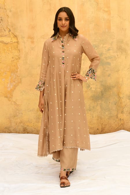 Buy_Label Niti Bothra_Ivory Silk Embroidery Collared Polka Dot Shirt Kurta And Palazzo Set _Online_at_Aza_Fashions