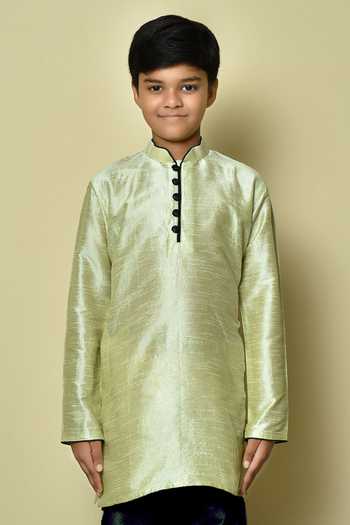Petite Pomme_Green Silk Full Sleeve Solid Kurta _Online_at_Aza_Fashions
