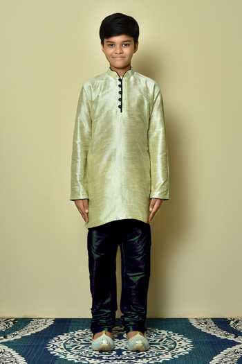 Buy_Petite Pomme_Green Silk Full Sleeve Solid Kurta _Online_at_Aza_Fashions