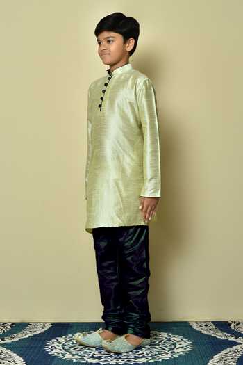 Shop_Petite Pomme_Green Silk Full Sleeve Solid Kurta _Online_at_Aza_Fashions