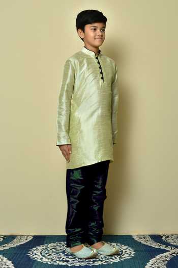 Petite Pomme_Green Silk Full Sleeve Solid Kurta _at_Aza_Fashions
